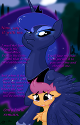 Size: 1024x1600 | Tagged: safe, artist:gavalanche, princess luna, scootaloo, alicorn, pegasus, pony, sleepless in ponyville, crossover, dune, duo, female, filly, floppy ears, hug, mare, scared, teary eyes, winghug