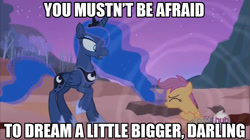 Size: 1280x718 | Tagged: safe, princess luna, scootaloo, alicorn, pony, sleepless in ponyville, dream walker luna, image macro, inception