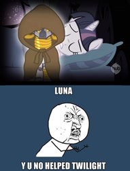 Size: 1122x1472 | Tagged: safe, princess luna, twilight sparkle, zecora, alicorn, pony, zebra, sleepless in ponyville, dream walker luna, exploitable meme, memegenerator