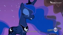 Size: 851x471 | Tagged: safe, screencap, princess luna, alicorn, pony, sleepless in ponyville, hub logo, livestream, youtube caption