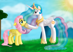 Size: 900x642 | Tagged: safe, artist:inurantchan, fluttershy, princess celestia, alicorn, pegasus, pony, female, mare, sun