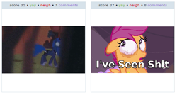 Size: 531x285 | Tagged: safe, princess luna, scootaloo, alicorn, pony, sleepless in ponyville, exploitable meme, juxtaposition, juxtaposition win, vulgar