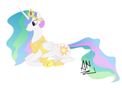 Size: 2909x2119 | Tagged: safe, artist:x6tr2ni, princess celestia, alicorn, pony, female, horn, mare, multicolored mane, simple background, solo, white coat