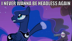 Size: 738x415 | Tagged: safe, princess luna, alicorn, pony, sleepless in ponyville, female, horn, image macro, mare, solo