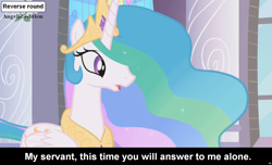 Size: 1600x973 | Tagged: safe, princess celestia, alicorn, pony, comic:celestia's servant interview, caption, interview, meta