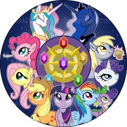 Size: 700x701 | Tagged: safe, artist:nikkiwardart, applejack, derpy hooves, fluttershy, pinkie pie, princess celestia, princess luna, rainbow dash, rarity, spike, twilight sparkle, alicorn, dragon, earth pony, pegasus, pony, unicorn, elements of harmony, female, mane seven, mane six, mare, muffin