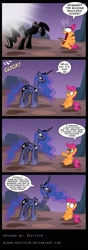 Size: 775x2208 | Tagged: safe, artist:niban-destikim, princess luna, scootaloo, the headless horse (character), alicorn, headless horse, pegasus, pony, sleepless in ponyville, comic, dialogue, female, filly, luna module, mare, modular, scene interpretation, shrunken pupils, sweat, wide eyes