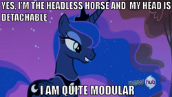 Size: 1175x661 | Tagged: safe, edit, edited screencap, screencap, princess luna, the headless horse (character), alicorn, headless horse, pony, sleepless in ponyville, hub logo, image macro, impact font, luna module, modular, text edit