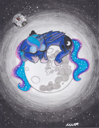 Size: 900x1160 | Tagged: safe, artist:neonredwings, princess luna, alicorn, pony, mare in the moon, moon, sleeping, space, space core, tangible heavenly object, traditional art