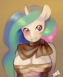 Size: 953x1172 | Tagged: safe, artist:dhui, princess celestia, anthro, ambiguous facial structure, breasts, cleavage, female, princess breastia, solo