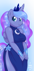 Size: 524x1100 | Tagged: safe, artist:onnanoko, princess luna, alicorn, anthro, clothes, curvy, cute, dress, female, gradient background, jewelry, looking at you, mare, side slit, solo