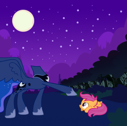 Size: 629x624 | Tagged: safe, princess luna, scootaloo, the headless horse (character), alicorn, headless horse, pony, cowering, forest, headless, lying down, moon, mountain, night, pointing, prone, scared, sky, spread wings, standing, stars, tree