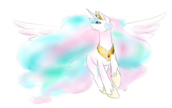 Size: 1024x645 | Tagged: safe, artist:meghanmagica, princess celestia, alicorn, pony, crown, female, horn, mare, multicolored mane, multicolored tail, solo, white coat, white wings, wings