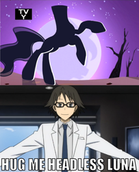 Size: 518x638 | Tagged: safe, princess luna, the headless horse (character), headless horse, human, anime, durarara, glasses, headless, image macro, shinra kishitani, tv rating