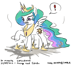 Size: 1280x1171 | Tagged: safe, artist:king-kakapo, princess celestia, alicorn, pony, 30 minute art challenge, exclamation point, loose fitting clothes, shrunk, shrunklestia, solo