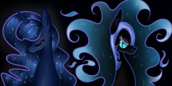 Size: 2000x1000 | Tagged: safe, nightmare moon, princess luna, alicorn, pony, crown, duality, duo, duo female, female, horn, mare