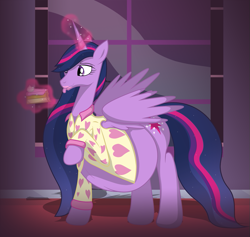 Size: 919x870 | Tagged: safe, artist:bronzepony, princess twilight 2.0, twilight sparkle, twilight sparkle (alicorn), alicorn, pony, the last problem, belly, big belly, cake, clothes, eating, female, food, hyper, hyper pregnancy, magic, mare, pajamas, preglight sparkle, pregnant, raised hoof, tongue out