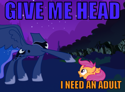 Size: 629x465 | Tagged: safe, princess luna, scootaloo, the headless horse (character), alicorn, headless horse, pony, sleepless in ponyville, headless, image macro, pun