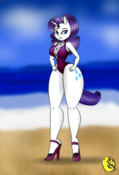 Size: 900x1320 | Tagged: safe, artist:odiz, rarity, anthro, big breasts, breasts, clothes, female, long legs, rarithighs, solo, summer, swimsuit, thighs, thunder thighs