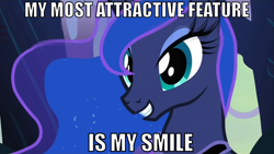 Size: 1152x648 | Tagged: safe, princess luna, alicorn, pony, cute, female, horn, image macro, mare, smiling