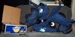 Size: 2000x1000 | Tagged: safe, artist:doublebackstitcharts, princess luna, irl, moon pie, photo, plushie, prone, solo