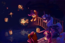 Size: 3448x2299 | Tagged: safe, artist:holivi, apple bloom, princess luna, scootaloo, sweetie belle, alicorn, fish, pony, bridge, cutie mark crusaders, glow, lantern, loi krathong, night, paper lantern