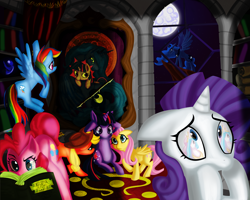 Size: 6000x4800 | Tagged: safe, artist:fauxsquared, applejack, fluttershy, pinkie pie, princess celestia, princess luna, rainbow dash, rarity, twilight sparkle, alicorn, earth pony, pegasus, pony, unicorn, absurd resolution, book, crying, mane six, painting, sad