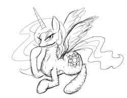 Size: 550x424 | Tagged: safe, artist:defective, princess celestia, alicorn, pony, female, horn, mare, monochrome, solo