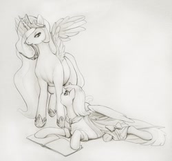 Size: 1213x1131 | Tagged: safe, artist:trunchbull, princess celestia, twilight sparkle, twilight sparkle (alicorn), alicorn, pony, big crown thingy, female, mare, sketch