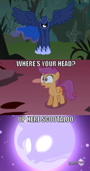 Size: 770x1469 | Tagged: safe, edit, edited screencap, screencap, princess luna, scootaloo, the headless horse (character), alicorn, headless horse, pony, caption, comic, dream walker luna, headless