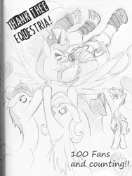 Size: 678x900 | Tagged: dead source, safe, artist:negativefade, fluttershy, nightmare moon, princess luna, rainbow dash, scootaloo, alicorn, pegasus, pony, metal goddess luna, monochrome