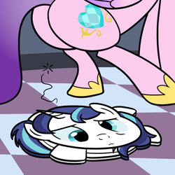 Size: 1000x1000 | Tagged: safe, artist:tfinequestria, princess cadance, shining armor, alicorn, pony, unicorn, cartoon physics, derp, fetish, flattened, flattening, lovebutt, plot, pony pancake, the ass was fat