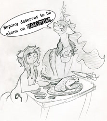 Size: 710x800 | Tagged: safe, artist:negativefade, nightmare moon, princess luna, oc, alicorn, bird, pony, cooked, dead, female, food, levitation, magic, mare, meat, metal goddess luna, monochrome, ponies eating meat, telekinesis, traditional art, turkey, wide eyes