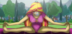 Size: 5240x2493 | Tagged: safe, artist:tyron91, sunset shimmer, equestria girls, abs, breasts, cleavage, female, fitness, lens flare, leotard, looking at you, solo, splits, stretching, sunset jiggler, thunder thighs, yoga mat