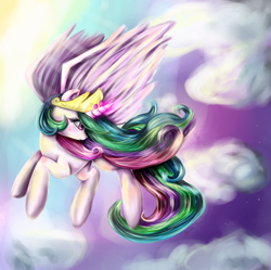 Size: 1924x1914 | Tagged: safe, artist:lizzyrascal, princess celestia, alicorn, pony, cloud, cloudy, flying, solo