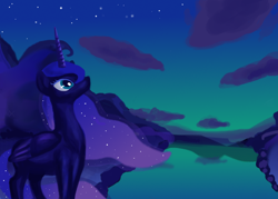 Size: 840x600 | Tagged: safe, artist:too-many-jellies, princess luna, alicorn, pony, cloud, cloudy, night, solo, water