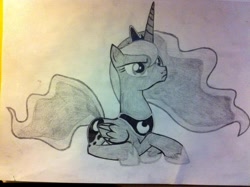 Size: 960x717 | Tagged: artist needed, source needed, safe, princess luna, alicorn, pony, drawing, monochrome, photo, prone, solo