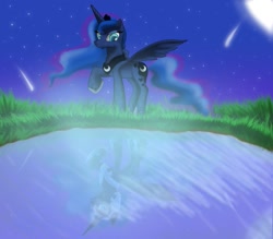 Size: 955x836 | Tagged: safe, artist:angelstar7, nightmare moon, princess luna, alicorn, pony, dream walker luna, duality, raised hoof, reflection, shooting star