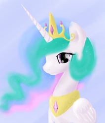 Size: 825x968 | Tagged: safe, artist:fribox, princess celestia, alicorn, pony, bust, crown, female, horn, mare, multicolored mane, solo, white coat