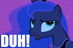 Size: 1100x720 | Tagged: safe, princess luna, alicorn, pony, caption, duh, eyeroll, frown, image macro, open mouth, reaction image, solo