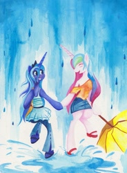 Size: 1135x1542 | Tagged: safe, artist:artist-apprentice587, princess celestia, princess luna, alicorn, pony, bipedal, rain, sisters, traditional art, umbrella