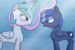 Size: 1280x853 | Tagged: safe, artist:jakethespy, princess celestia, princess luna, alicorn, pony, :t, aquaphilia, bedroom eyes, blue eyes, blushing, bubble, colors:crowley, digital art, eye contact, eyeshadow, female, fetish, flowing mane, folded wings, grin, horn, lidded eyes, looking at each other, looking at someone, makeup, mare, pink eyes, royal sisters, siblings, sisters, smiling, smirk, sunlight, swimming pool, underwater, wings