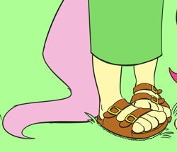 Size: 1014x874 | Tagged: safe, artist:kuroi-wolf, fluttershy, pinkie pie, anthro, plantigrade anthro, cropped, feet, female, fetish, foot fetish, foot focus, grass, sandals, solo focus