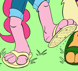 Size: 942x852 | Tagged: safe, artist:kuroi-wolf, applejack, pinkie pie, anthro, plantigrade anthro, cropped, feet, female, fetish, foot fetish, foot focus, grass, sandals