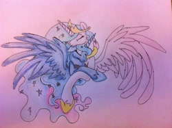 Size: 1024x765 | Tagged: safe, artist:elskafox, princess celestia, princess luna, alicorn, pony, hug, traditional art