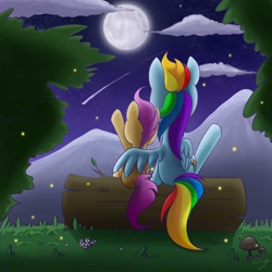 Size: 3000x3000 | Tagged: safe, artist:steffy-beff, princess luna, rainbow dash, scootaloo, alicorn, firefly (insect), pegasus, pony, log, mare in the moon, moon, scootalove, shooting star, sitting