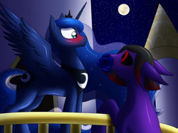 Size: 900x675 | Tagged: safe, artist:weirdofish, princess luna, oc, alicorn, earth pony, pony, atalix, blushing, canon x oc, female, male, romeo and juliet, rose, shipping, straight