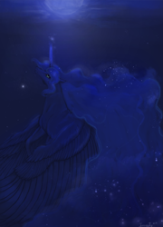 Size: 2271x3150 | Tagged: safe, artist:january-joy, princess luna, alicorn, pony, ethereal mane, female, mare, moon, night, solo, stars