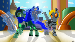 Size: 1280x720 | Tagged: safe, artist:crazymacyo, derpy hooves, princess luna, alicorn, pegasus, pony, crossover, female, gamer luna, mare, parody, ratchet, ratchet and clank