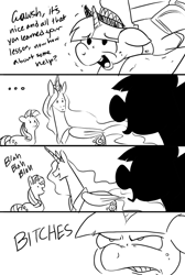 Size: 858x1280 | Tagged: safe, artist:cartoonlion, bags valet, princess celestia, rarity, alicorn, pony, unicorn, sweet and elite, ..., angry, atlas, bellhop pony, comic, female, lineart, male, mare, sluggage, stallion, vulgar